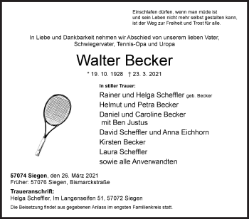 Traueranzeige von Walter Becker von Siegener Zeitung