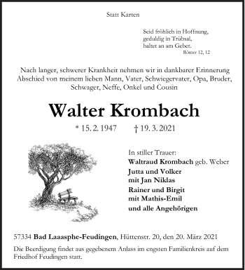Traueranzeige von Walter Krombach von Siegener Zeitung