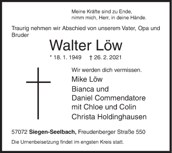 Traueranzeige von Walter Löw von Siegener Zeitung