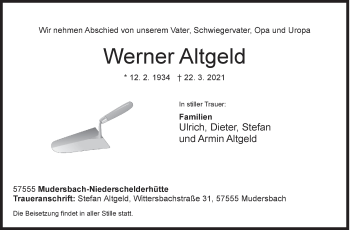 Traueranzeige von Werner Altgeld von Siegener Zeitung