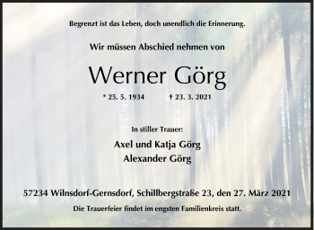 Traueranzeige von Werner Görg von Siegener Zeitung