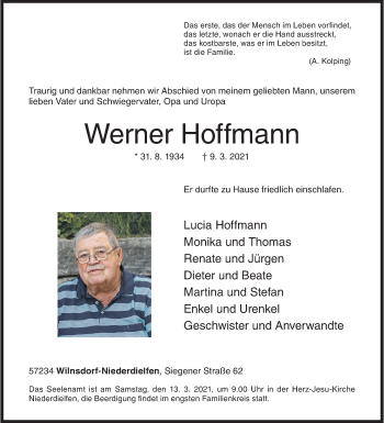 Traueranzeige von Werner Hoffmann von Siegener Zeitung