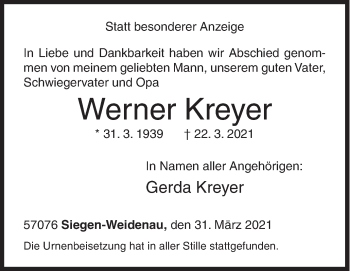Traueranzeige von Werner Kreyer von Siegener Zeitung