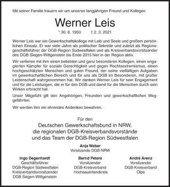 Traueranzeige von Werner Leis von Siegener Zeitung