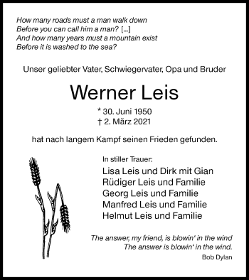Traueranzeige von Werner Leis von Siegener Zeitung