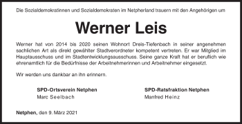 Traueranzeige von Werner Leis von Siegener Zeitung