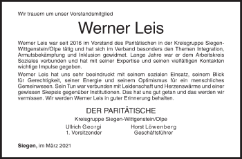 Traueranzeige von Werner Leis von Siegener Zeitung