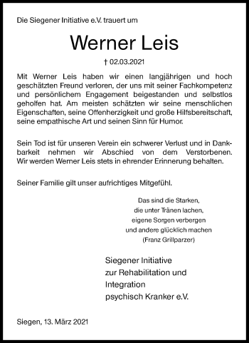Traueranzeige von Werner Leis von Siegener Zeitung