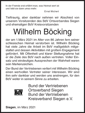 Traueranzeige von Wilhelm Böcking von Siegener Zeitung