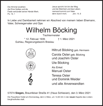 Traueranzeige von Wilhelm Böcking von Siegener Zeitung