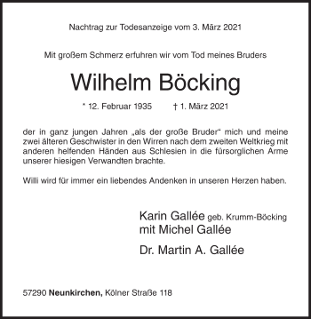 Traueranzeige von Wilhelm Böcking von Siegener Zeitung
