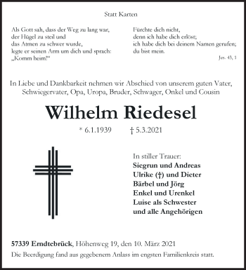 Traueranzeige von Wilhelm Riedesel von Siegener Zeitung