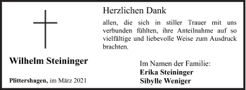 Traueranzeige von Wilhelm Steininger von Siegener Zeitung