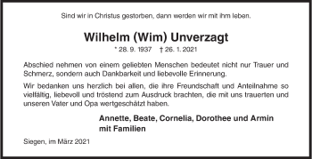 Traueranzeige von Wilhelm Wim Unverzagt von Siegener Zeitung
