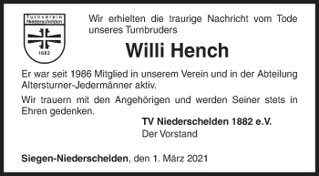 Traueranzeige von Willi Hench von Siegener Zeitung