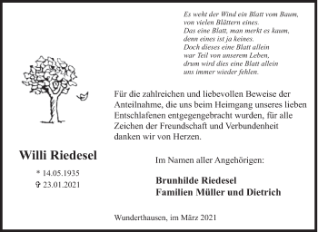 Traueranzeige von Willi Riedesel von Siegener Zeitung