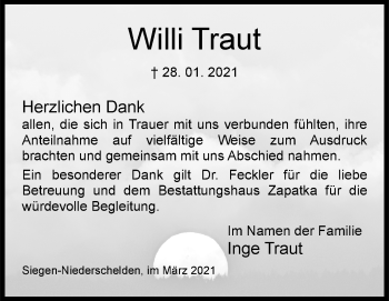 Traueranzeige von Willi Traut von Siegener Zeitung
