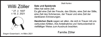 Traueranzeige von Willi Zöller von Siegener Zeitung