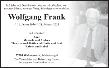 Traueranzeige von Wolfgang Frank von Siegener Zeitung