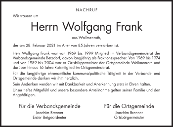 Traueranzeige von Wolfgang Frank von Siegener Zeitung