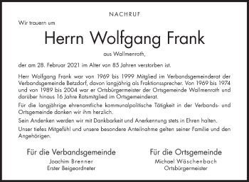 Traueranzeige von Wolfgang Frank von Siegener Zeitung