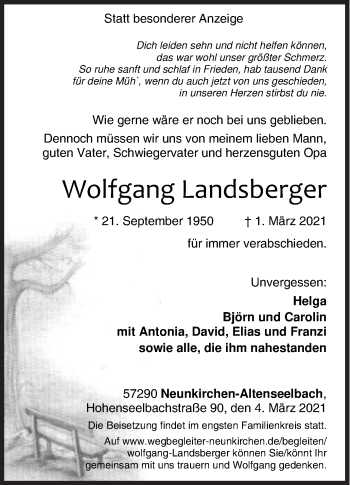 Traueranzeige von Wolfgang Landsberger von Siegener Zeitung