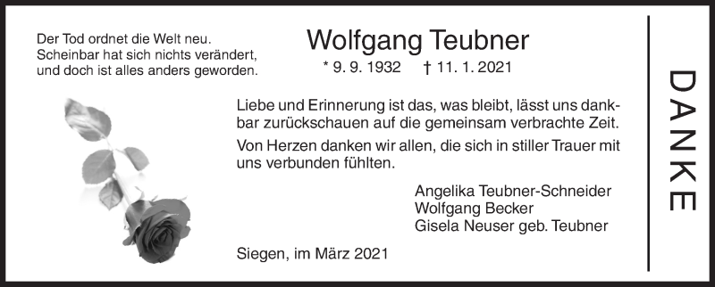 Traueranzeige für Wolfgang Teubner vom 27.03.2021 aus Siegener Zeitung