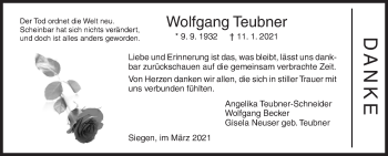 Traueranzeige von Wolfgang Teubner von Siegener Zeitung