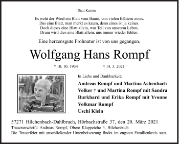 Traueranzeige von Wolfgang Hans Rompf von Siegener Zeitung