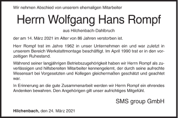 Traueranzeige von Wolfgang Hans Rompf von Siegener Zeitung