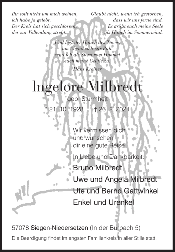 Traueranzeige von Ingelore Milbredt von Siegener Zeitung