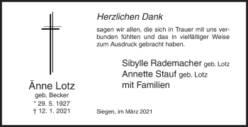 Traueranzeige von Änne Lotz von Siegener Zeitung