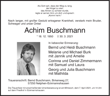 Traueranzeige von Achim Buschmann von Siegener Zeitung