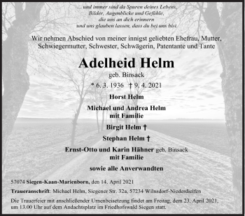 Traueranzeige von Adelheid Helm von Siegener Zeitung