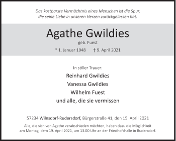 Traueranzeige von Agathe Gwildies von Siegener Zeitung
