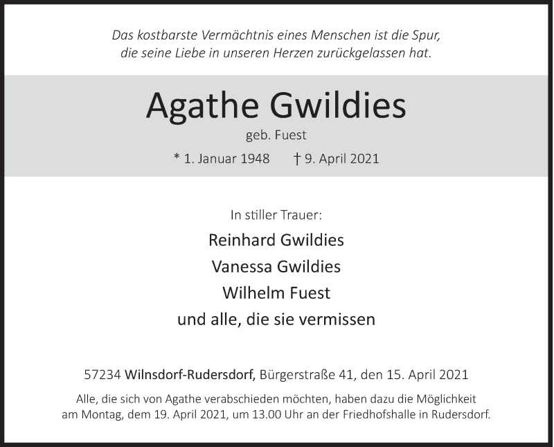 Traueranzeige für Agathe Gwildies vom 15.04.2021 aus Siegener Zeitung