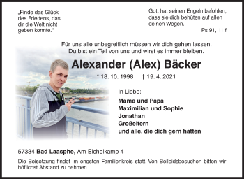 Traueranzeige von Alexander Bäcker von Siegener Zeitung