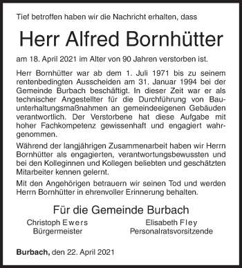 Traueranzeige von Alfred Bornhütter von Siegener Zeitung