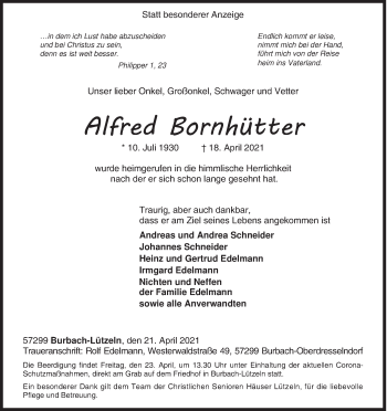 Traueranzeige von Alfred Bornhütter von Siegener Zeitung