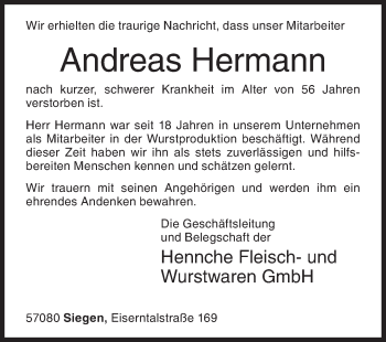 Traueranzeige von Andreas Hermann von Siegener Zeitung