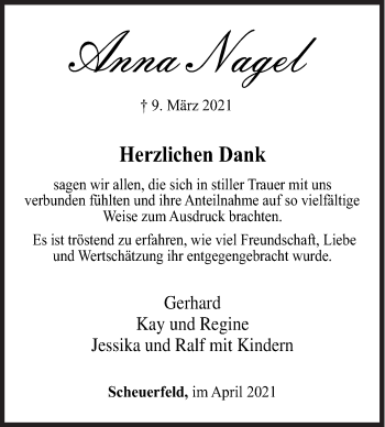 Traueranzeige von Anna Nagel von Siegener Zeitung