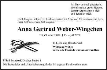 Traueranzeige von Anna Gertrud Weber-Wingchen von Siegener Zeitung