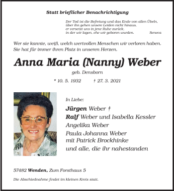 Traueranzeige von Anna Maria Weber von Siegener Zeitung