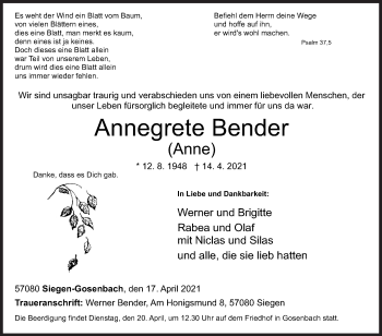 Traueranzeige von Annegrete Bender von Siegener Zeitung