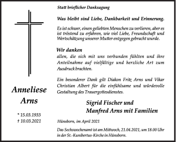Traueranzeige von Anneliese Arns von Siegener Zeitung