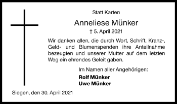Traueranzeige von Anneliese Münker von Siegener Zeitung