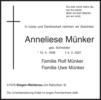 Traueranzeige von Anneliese Münker von Siegener Zeitung