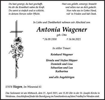 Traueranzeige von Antonia Wagener von Siegener Zeitung