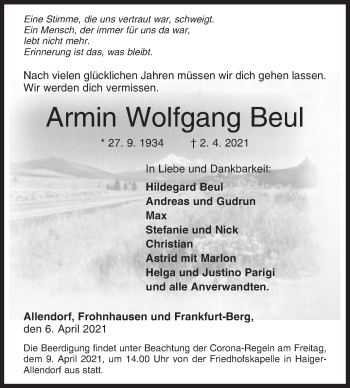 Traueranzeige von Armin Wolfgang Beul von Siegener Zeitung