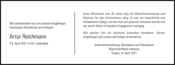 Traueranzeige von Artur Reichmann von Siegener Zeitung